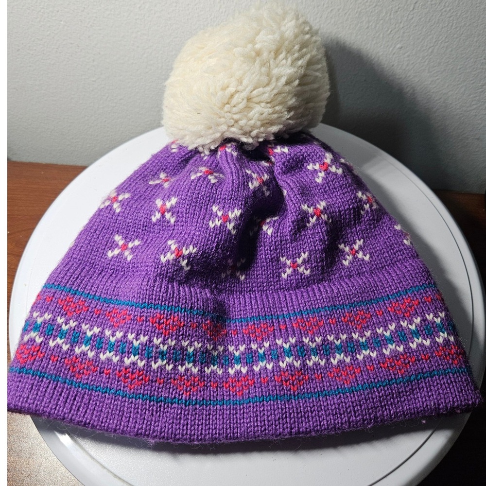 Top Notch Knits Beanie Womens OS Purple Fair Isle Wool Pom Pom Handmade USA Hat